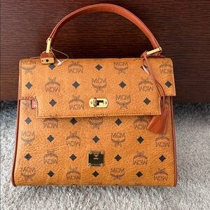 MCM Cognac Logo-Print Satchel with Gold Hardware